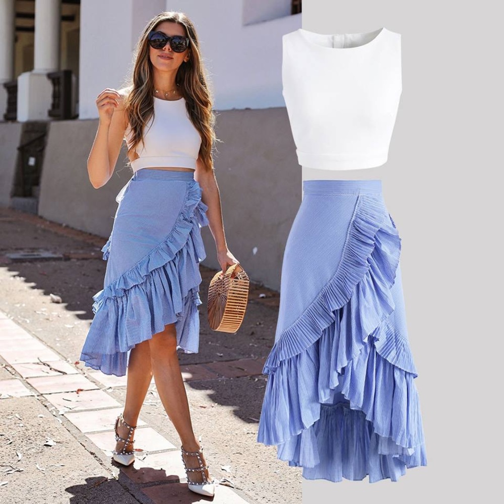 Chicwish APPLAUSE OF RUFFLE TIERED FRILL HEM SKIRT IN BLUE STRIPES - Size Large